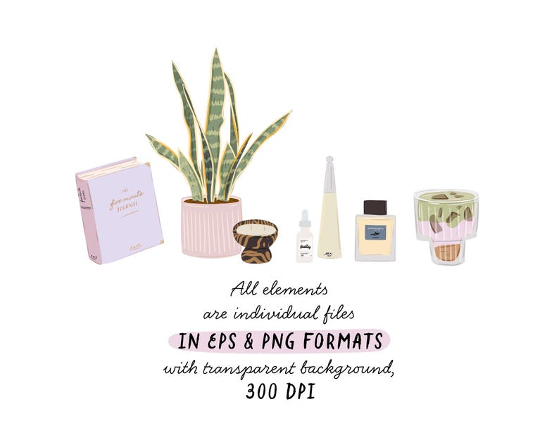 Puede incluir: Un conjunto de ilustraciones digitales que incluyen una planta de serpiente en maceta, un libro, un taz&oacute;n, una botella de perfume, una botella de colonia y un postre en un frasco de vidrio. Todos los elementos est&aacute;n en formatos EPS y PNG con fondos transparentes.