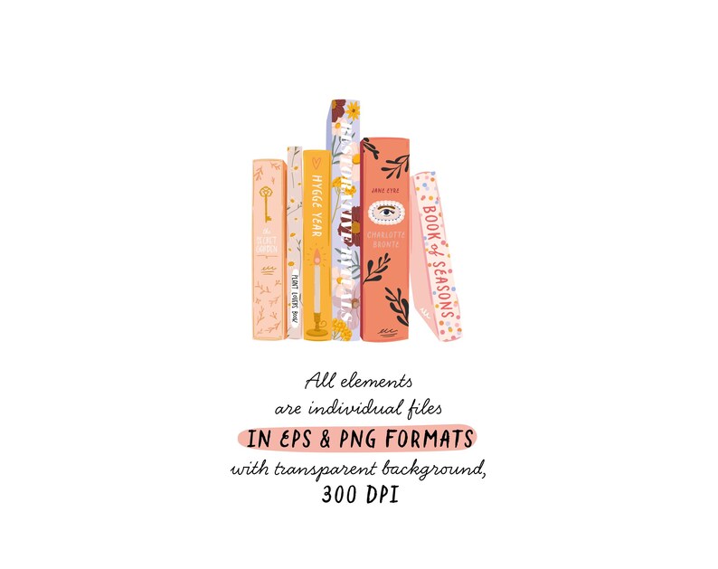 May include: A stack of five illustrated books with floral designs and titles including "Hygge Year", "Jare Ette", and "Book of Seasons".