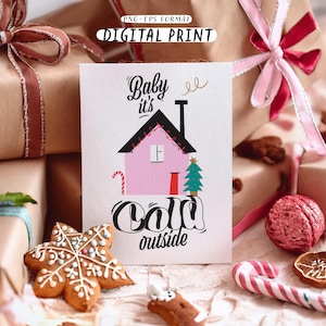 Uroczy zimowy domek na wakacje Clipart. Baby It's cold Outside Quote. Świąteczne zimowe miasto. Podpis piosenki świątecznej, modny wydruk cyfrowy Png