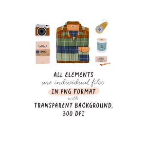 May include: A set of camping and hiking themed illustrations, including a plaid shirt, a camera, a notebook, a candle, matches, and a compass. All elements are individual files in PNG format with transparent backgrounds and 300 DPI resolution.