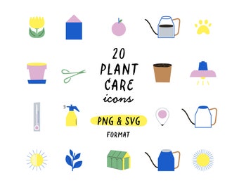 Conjunto de imágenes prediseñadas de iconos de cuidado de plantas digitales. Iconos botánicos: jardinería, maceta, riego solar, plantas de interior. Icono Pegatinas Descargas PNG SVG