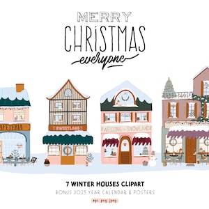 Clipart della casa invernale della città di Natale, Clipart del villaggio invernale festivo, Illustrazione della casa delle vacanze - Città di Natale, Clipart digitale png