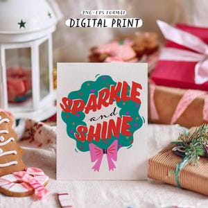 Leuke winterkrans clipart. Kerstvakantiewensen, roze kom. Coole kerstcitaat Sparkle and Shine. Winterillustratie. Digitale vector-png