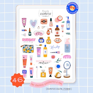 Clipart de cosméticos diarios para mujeres, rutina de autocuidado, pegatinas GoodNotes, pegatinas de chica de moda, pegatinas de belleza, pegatinas de planificador That Girl, PNG digital