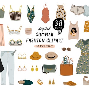 May include: A digital clipart set of 38 summer fashion items, including tops, dresses, skirts, shorts, trousers, shoes, hats, bags, and jewellery. The items are illustrated in a colourful and whimsical style.
