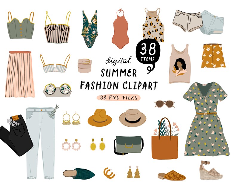 May include: A digital clipart set of 38 summer fashion items, including tops, dresses, skirts, shorts, trousers, shoes, hats, bags, and jewellery. The items are illustrated in a colourful and whimsical style.