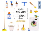 Cleaning Laundry Hand Drawn clipart, GoodNotes stickers, Zero Waste clip art illustration. Spring Cleaning supplies, Clean House Digital PNG