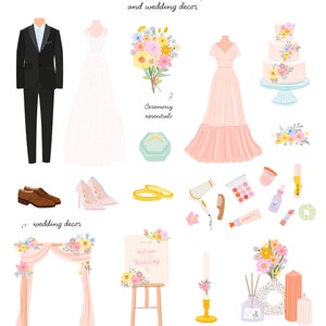 May include: Wedding ceremony essentials and decor illustration featuring a white wedding dress, a pink bridesmaid dress, a groom's suit, a wedding cake, a bouquet of flowers, a ring box, wedding rings, a hair dryer, makeup, a wedding arch, a welcome sign, candles, and a diffuser.