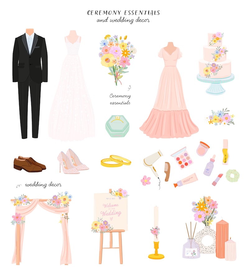 May include: Wedding ceremony essentials and decor illustration featuring a white wedding dress, a pink bridesmaid dress, a groom's suit, a wedding cake, a bouquet of flowers, a ring box, wedding rings, a hair dryer, makeup, a wedding arch, a welcome sign, candles, and a diffuser.