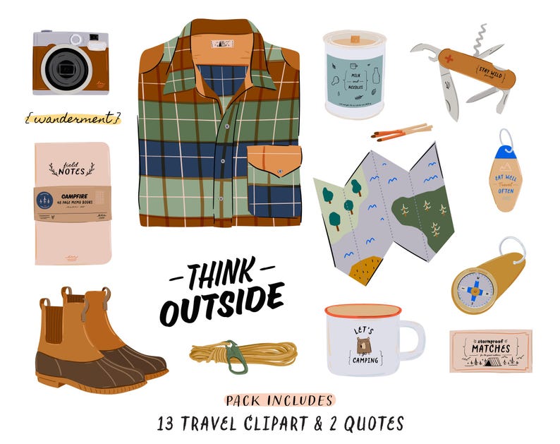 May include: A set of 13 travel-themed clipart illustrations and 2 quotes. The clipart includes a plaid shirt, a map, a compass, a pair of boots, a mug, a jar, a pack of matches, a notebook, a camera, a multi-tool, and a rope. The quotes are "Wanderment?" and "Think Outside".