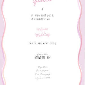 May include: Pink and white wedding quote card with a pink bow and two white doves. The text reads "Wedding and Love Quotes" and includes quotes about love and marriage.