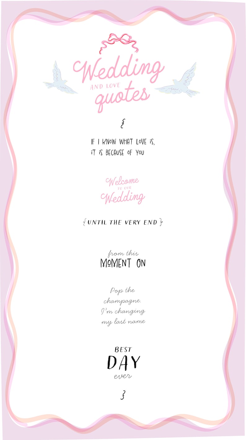 May include: Pink and white wedding quote card with a pink bow and two white doves. The text reads "Wedding and Love Quotes" and includes quotes about love and marriage.