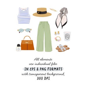 K&ouml;nnte beinhalten: Illustration eines Sommer-Outfits mit einem blau-wei&szlig; gestreiften Tanktop, einem Strohhut mit schwarzem Band, hellgr&uuml;ner Hose, Sonnenbrille, einer braunen Handtasche und Sandalen. Weitere Accessoires sind ein Schal, Ohrringe und eine Kerze.