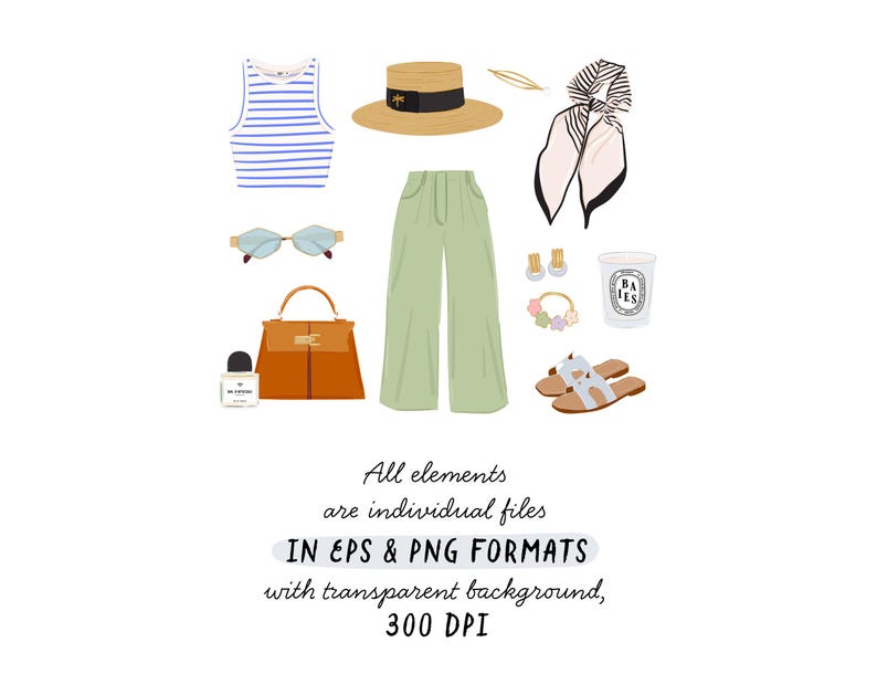 K&ouml;nnte beinhalten: Illustration eines Sommer-Outfits mit einem blau-wei&szlig; gestreiften Tanktop, einem Strohhut mit schwarzem Band, hellgr&uuml;ner Hose, Sonnenbrille, einer braunen Handtasche und Sandalen. Weitere Accessoires sind ein Schal, Ohrringe und eine Kerze.