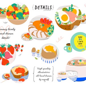 May include: A collection of hand-drawn illustrations featuring various food items, including a salad, a bowl of soup, a sandwich, a plate of strawberries, a poached egg, and a bowl of cereal. The illustrations are colorful and whimsical, with a focus on detail. The text "So many lovely hand-drawn details!" and "Hello 911 I can't stop eating" are included in the image.