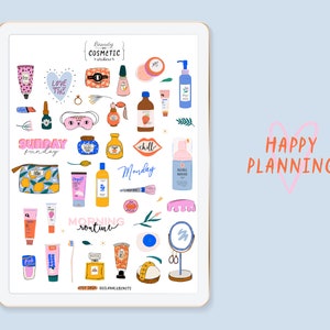 Op de afbeelding: Een digitale planner met kleurrijke illustraties van schoonheids- en cosmeticaproducten, waaronder flessen, tubes, potten en een make-upkwast. De planner bevat de tekst "Beauty Cosmetic Stickers", "Love This", "Sunday Sunday", "Chill", "Monday", "Morning Routine" en "Happy Planning".
