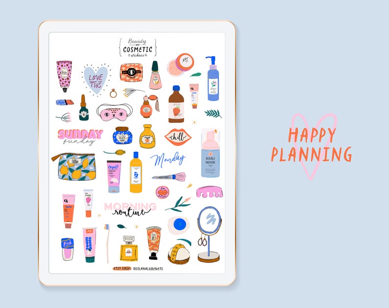 Op de afbeelding: Een digitale planner met kleurrijke illustraties van schoonheids- en cosmeticaproducten, waaronder flessen, tubes, potten en een make-upkwast. De planner bevat de tekst "Beauty Cosmetic Stickers", "Love This", "Sunday Sunday", "Chill", "Monday", "Morning Routine" en "Happy Planning".