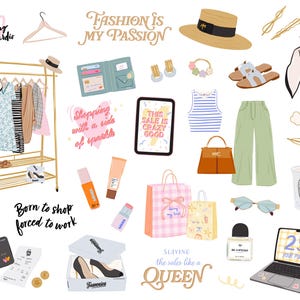 K&ouml;nnte beinhalten: Illustration mit Modeartikeln, darunter Kleidung, Accessoires und Shopping-Elemente. Ein goldfarbener Kleiderst&auml;nder zeigt Kleider und Oberteile. Weitere Artikel sind ein Strohhut, eine Handtasche, Schuhe, Einkaufstaschen und ein Laptop mit 25 % Rabatt. Text enth&auml;lt "Fashion is my passion."