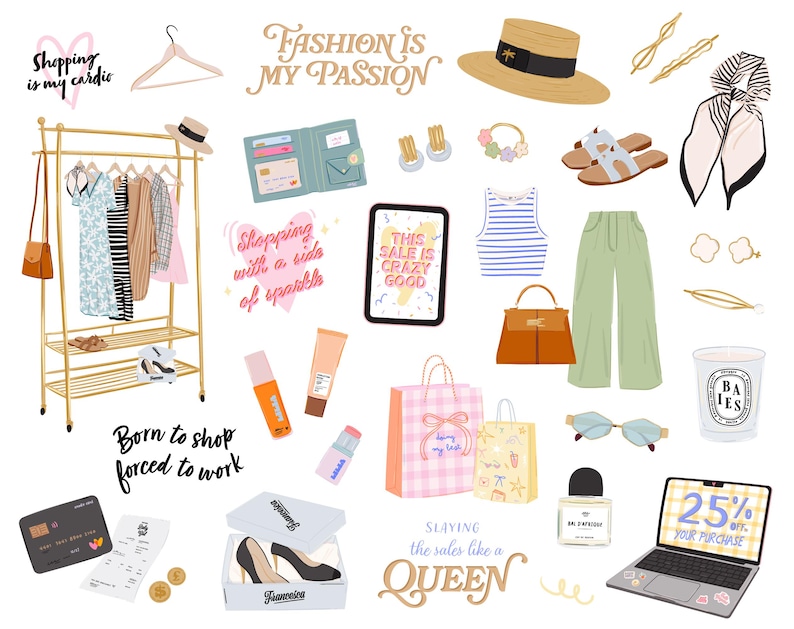 K&ouml;nnte beinhalten: Illustration mit Modeartikeln, darunter Kleidung, Accessoires und Shopping-Elemente. Ein goldfarbener Kleiderst&auml;nder zeigt Kleider und Oberteile. Weitere Artikel sind ein Strohhut, eine Handtasche, Schuhe, Einkaufstaschen und ein Laptop mit 25 % Rabatt. Text enth&auml;lt "Fashion is my passion."