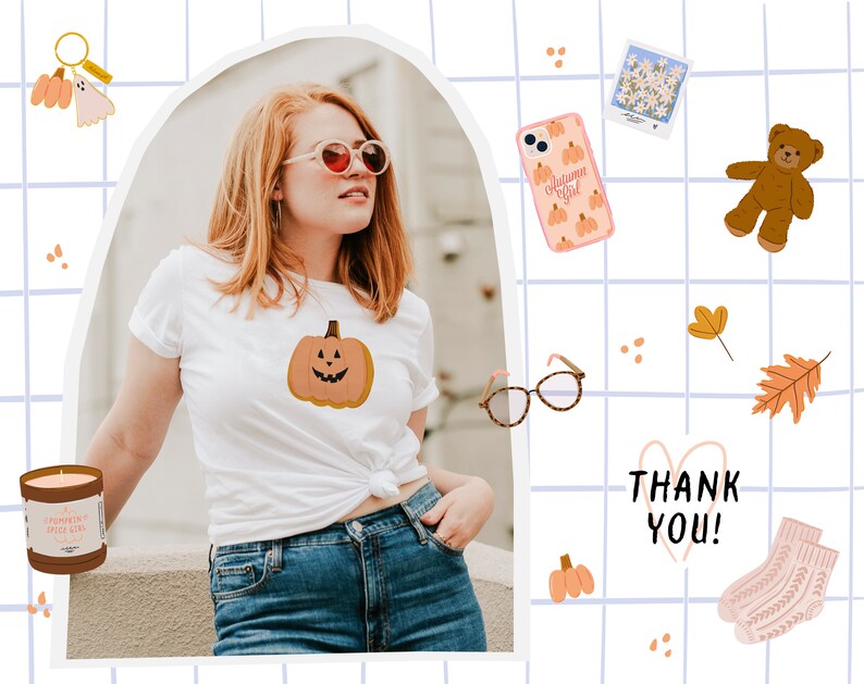 May include: A white t-shirt with a pumpkin graphic and the text "Thank You!" on a blue and white grid background. There are various fall-themed illustrations, including a teddy bear, a phone case with a pumpkin design, and a candle.
