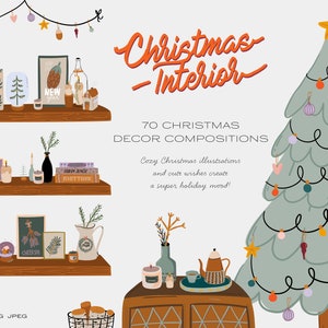 Clipart scène d'intérieur de Noël - illustration de décoration de maison de vacances d'hiver - sapin de Noël - clipart imprimable, pack hiver - vecteur, PNG