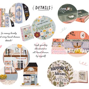 K&ouml;nnte beinhalten: Eine Sammlung farbenfroher Illustrationen mit B&uuml;chern, Blumen und Text. Die Illustrationen beinhalten ein Buch mit dem Text "Past Future", ein Buch mit dem Text "Poetry", ein Buch mit dem Text "Charlotte Bronte", ein Buch mit dem Text "Low Life", ein Buch mit dem Text "Happiness Blooms From Within" und ein Buch mit dem Text "The Bookworm".