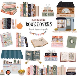 Pacchetto Clipart per amanti dei libri, Estetica accogliente della libreria, Clipart di topi di biblioteca, Libri disegnati a mano, Adesivi per la lettura autunnale, Scrapbooking, Arte della biblioteca