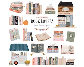 Book Lovers Clipart Bundle, Cozy Bookstore Aesthetic, Bookworms Clipart PNG Hand Drawn Books, Fall Reading Stickers Scrapbooking Library Art