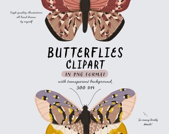 Butterfly Clipart, Digital Hand-drawn Vector Butterfly Clipart set, Summer invitation, Butterfly sublimation design PNG, Instant Download