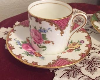Ansley England Bone china Demitasse Tea Cup and Saucer Red Rose Pattern