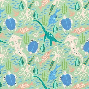 Dinosaur Fabric, Water Dinos on Mint, Paintbrush Studio, 100% Woven Cotton