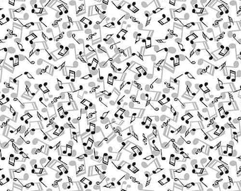 Music Note Fabric on White, Best Bits, Stof Fabrics, 100% Woven Cotton, 4512-748