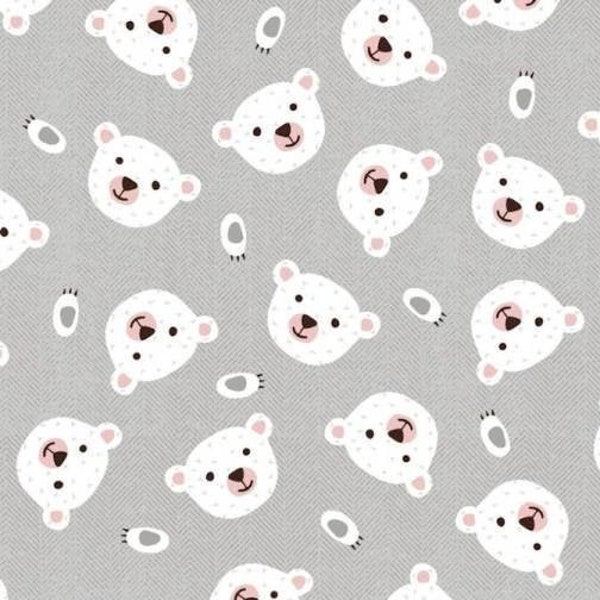 Polar Bear Fabric on Gray, Nordic Friends Forever, Stof Fabrics, 100% Cotton, 4501-397