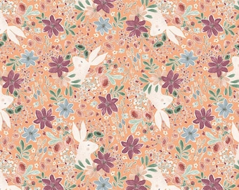 Rabbits on Pink Fabric, Rabbit Burrow in Strawberry, Thicket and Bramble, Figo Fabrics, Jill Labieniec, 100% Cotton, 90745-56