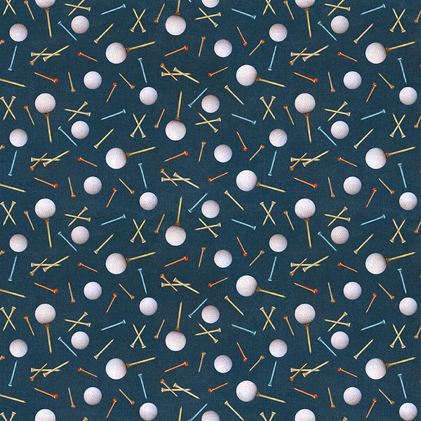 Golf Balls & Tees on Navy Blue Fabric, Fore!, Clothworks, 100% Digital Cotton, Y3750-53