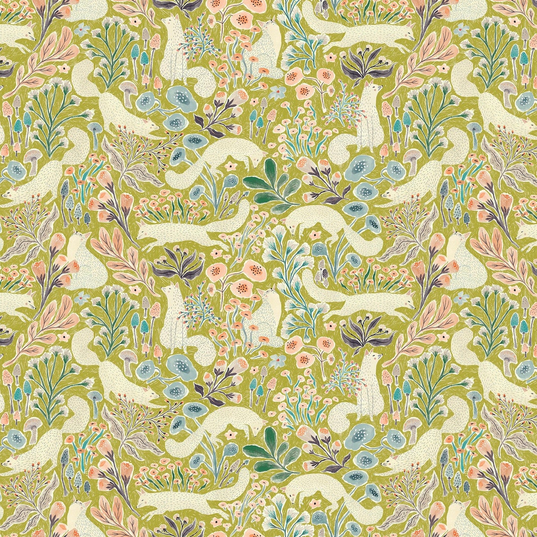Fox Fabric on Green Floral Bountiful Fox in Meadow Thicket - Etsy