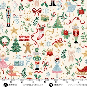 May include: A cream-colored fabric featuring a repeating Christmas pattern of nutcrackers, ballerinas, mice, gingerbread men, Christmas trees, wreaths, gifts, musical notes, snowflakes, and holly, with a ruler showing up to 7 inches at the bottom.