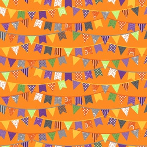 Halloween Flags on Orange Fabric, Hometown Halloween Fabric, Maywood Studio, 100% Cotton, MAS9921-O