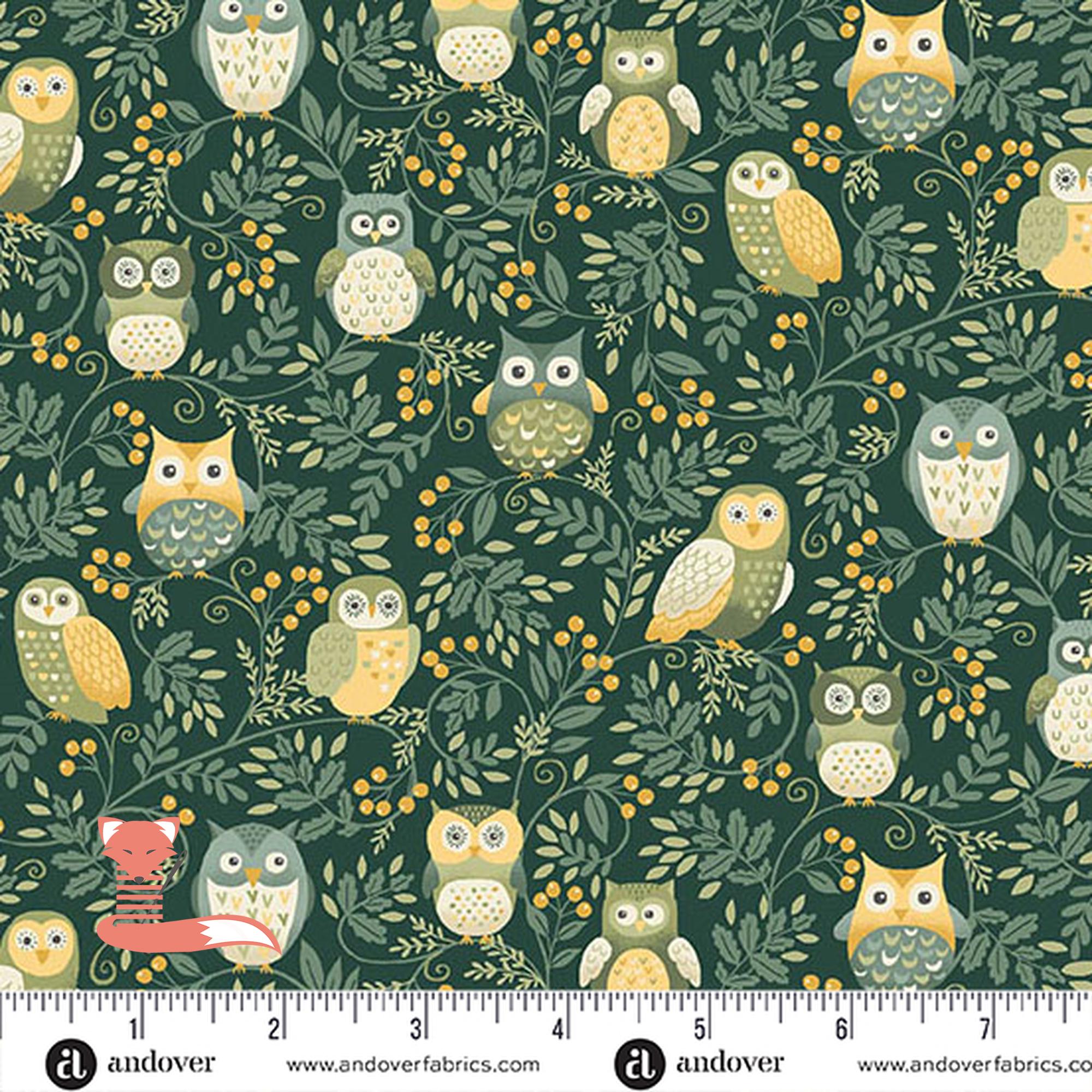 Twilight Owls Green Fabric, Hello Autumn, Makower UK, 100% Cotton, MU-099-G