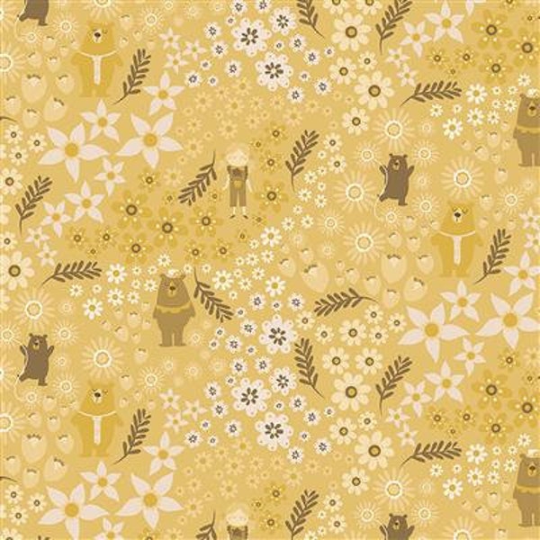 Little Goldi Meadow Gold, Bears on Yellow Fabric, Clothworks, 100% Cotton, Y3670-68