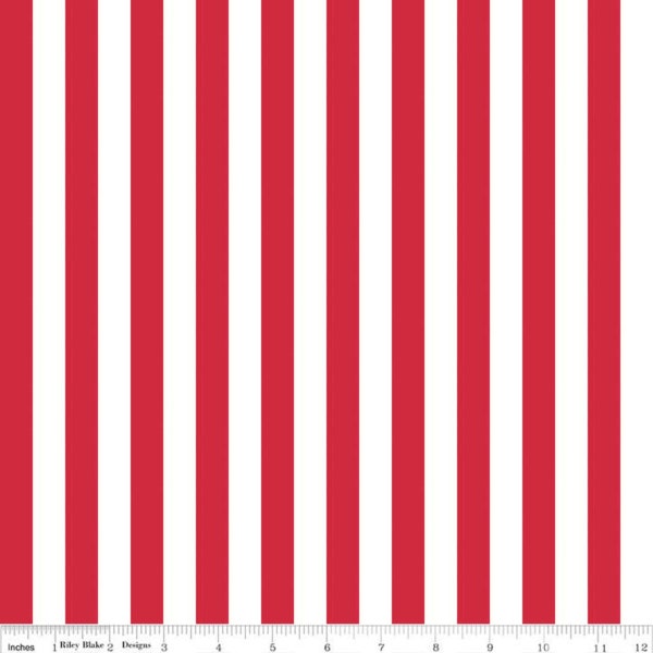 Red and White 1/2" Stripe Fabric, Riley Blake Designs, 100% Woven Cotton Fabric, C530-80 Red