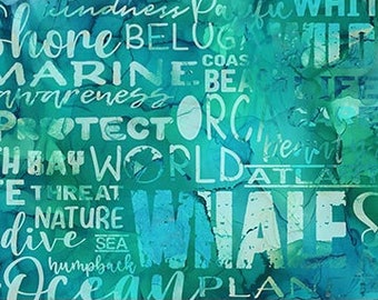 Remnant 1/2 Yard, Teal Words Watercolor Fabric, Whale Song, Northcott, DP224985-64