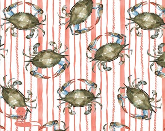 Crab and Stripes Fabric, Seaside Boil, Blank Quilting, 100% Cotton, BQI4549-95