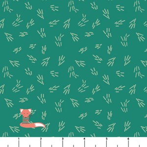 May include: A teal fabric with a repeating pattern of light green, thin, vertical lines. A small, orange fox with a white stripe on its chest is sitting in the center of the fabric.