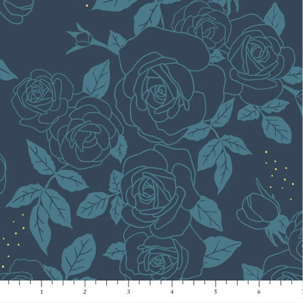 Blue Roses on Dark Blue Fabric, Night Roses, Celestial by Audrey Mann for Phoebe Fabrics, 100% Cotton, PH0103