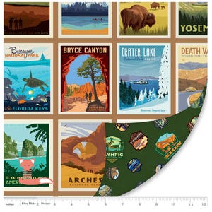 May include: Fabric with a collage of vintage travel posters depicting U.S. National Parks. The posters show landscapes, wildlife, and landmarks. The fabric also includes patches of different parks. The ruler at the bottom measures up to 30 cm.