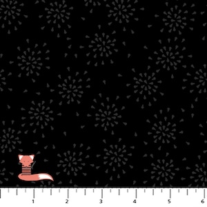 May include: Black fabric with a repeating pattern of gray teardrop shapes radiating from a central point, resembling fireworks. The design is set against a solid black background. A fox logo is in the bottom left corner.