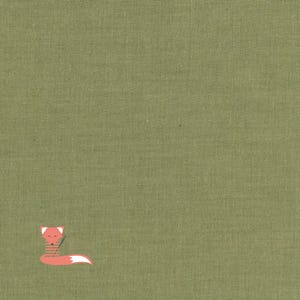 May include: A light green fabric background with a small cartoon fox illustration in the lower left corner. The fox is orange with a white tail tip and a striped body.