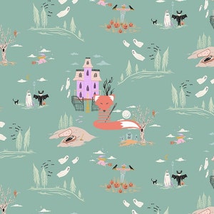 May include: A whimsical Halloween-themed fabric featuring a repeating pattern of a pink haunted house, a fox with a needle, ghosts, bats, black cats, and a scarecrow with pumpkins. The background is a light teal green.