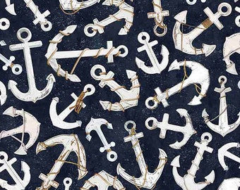 Anchors on Navy Blue Fabric, Welcome to the Beach, Timeless Treasures, 100% Cotton, BEACH-C8288